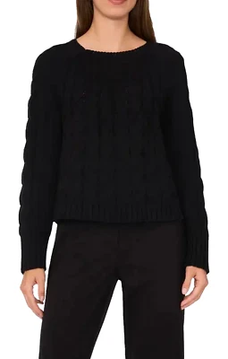 Halogen Sweater Cable Cotton Blend Cropped Crewneck Womens Large Black NEW $89 - Image 1 of 4