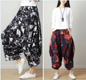 Ethnic Style Women Cotton Linen Lantern Pants Elastic Waist Ninth Trousers Loose - Picture 1 of 22
