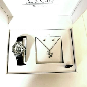 L & Co Anchor Watch Jewelry Gift Set Silver Tone Necklace Earrings Boxed - Picture 1 of 5