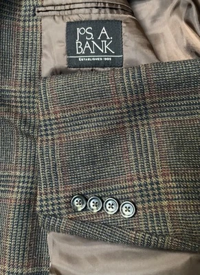 Jos A Bank Brown Red Plaid Houndstooth Blazer 42R Wool Sport Coat Jacket - Image 1 of 4