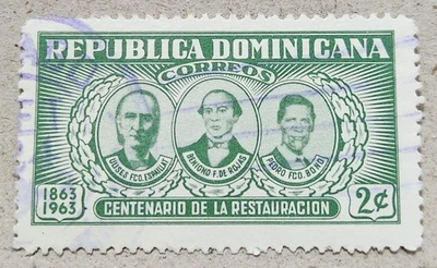 DOMINICAN REPUBLIC 🇩🇴 ANNIVERSARY OF THE RESTORATION STAMP / 2 CENTAVOS / 1963 - Image 1 of 2