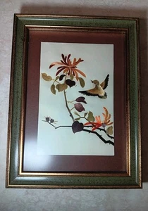 Vtg Asian Mixed Media Organic Bamboo Collage Art, Bird In Flight & Flower Framed - Picture 1 of 4