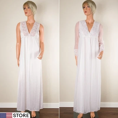 💖 VTG GILEAD Ivory Nylon Chiffon & Lace Peignoir Set Nightgown & Robe 32 USA - Image 1 of 4
