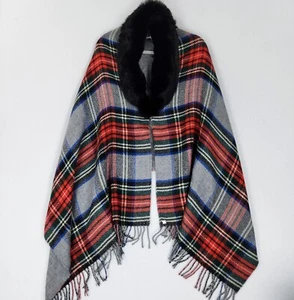 Ralph Lauren Sweater Womens One Size Red Plaid Faux Fur Collar Cape Poncho LRL - Picture 1 of 13