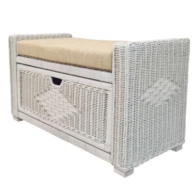 Bruno Hecho a Mano 32" Ratán Mimbre Cofre Almacenamiento Otomano con Cajón, Blanco Foto 1 de 4