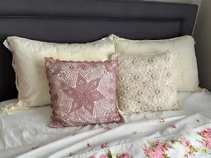 Vintage crochet boho cottage accent pillow pillowcase lot, Cottage Gift Ideas - Picture 1 of 12