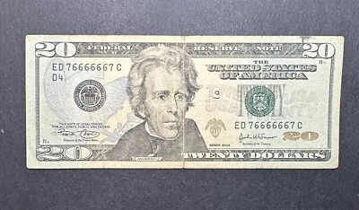 2004 $20 Federal Reserve Note Fancy Serial Number “76666667”, Binary Radar - Image 1 of 2