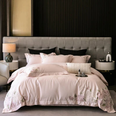 4pcs/lot Bedding Set Silk Cotton Embroidery Flowers Duvet Cover Flat Sheet Set - Image 1 of 4