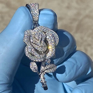 Real 925 Sterling Silver Rose Flower Iced Pendant CZ Hip Hop Charm Flooded Out - Picture 1 of 7