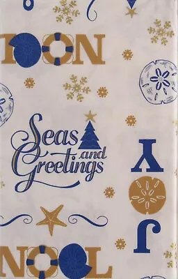 Seas and Greetings Nautical Christmas Vinyl Flannel Back Tablecloths Var Sizes - Image 1 of 4