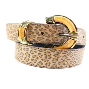 Faux Leopard Fashion Belt Women M Fabric Covered Adjustable Buckle Wood Trim - Picture 1 of 16