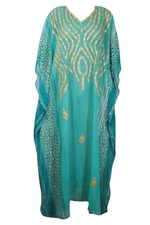 Womens Lounger Kaftan Dress, Boho Fashion, Maxi Dress, Ocean Blue Printed L-4X