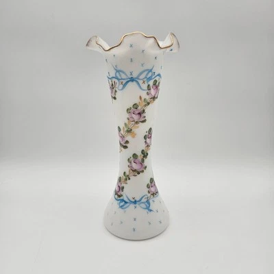 Fenton Consolidated Glass Regent Charleton Blue Bows Pink Roses 11" Vase - Image 1 of 4