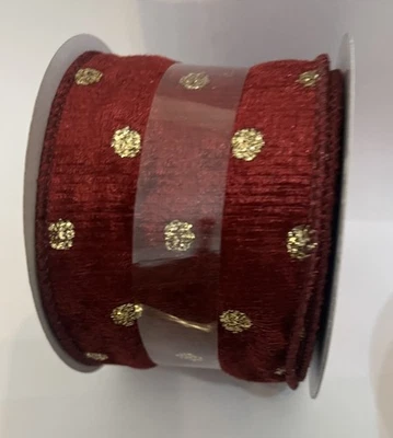2 1/2” X 20ft Wired Ribbon. VELVET Gold Dots On Burgundy Or Wine. Christmas - Image 1 of 3