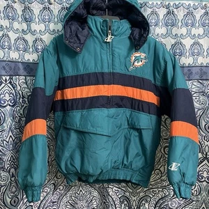 Vintage Logo Athletic Miami Dolphins NFL YOUTH XL Puffer Jacket 90s Pocket Hood - Picture 1 of 7