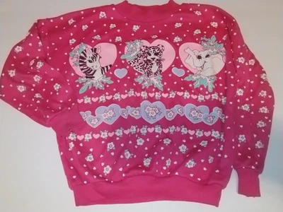 Vintage 80s Girls Pink Sweatshirt Fairy Kei Hearts Zebra Tiger Elephant Sz 6 - Image 1 of 4