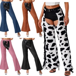 Women Western Cowgirl Chaps Hollow Out Pants Wide Leg Long Pants Bottoms - Picture 1 of 55