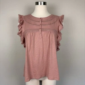 Loft Lace Trim Ruffle Henley Top Blush Pink Cotton Size L Lightweight Summery - Picture 1 of 13