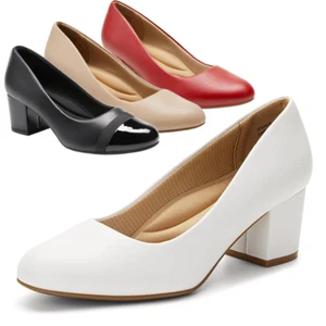 Women Slip On Pumps Low Chunky Heel Close Toe Office Dress Pump Shoes - Picture 1 of 32