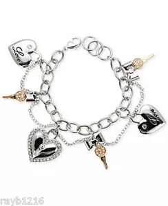 NWT Guess Silver & Rosegold Metal-Clear Rhinestones Heart & Key Charms Bracelet - Picture 1 of 1