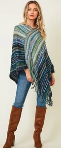nwt ON BLUE  PONCHO WRAP blue cover up  WESTERN BOHEMIAN SM-XL Magnolia HIPPIE - Picture 1 of 11