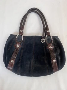 BOLSO CARTERA BRIGHTON #D496003 TERCIOPELO AZUL MARINO DOS ASA MARRÓN CUERO - Imagen 1 de 15