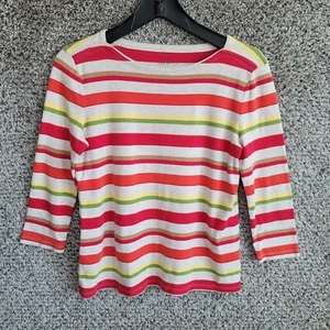 Talbots Top Womens Medium Red Striped Crew Neck 3/4 Sleeve 100% Cotton Casual - Picture 1 of 7