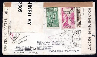 FRANCE CAMEROUN 1942 HEAVILY CENSORED WAR-TIME COVER BY FRANCE & US ON PAN AM - Image 1 of 2