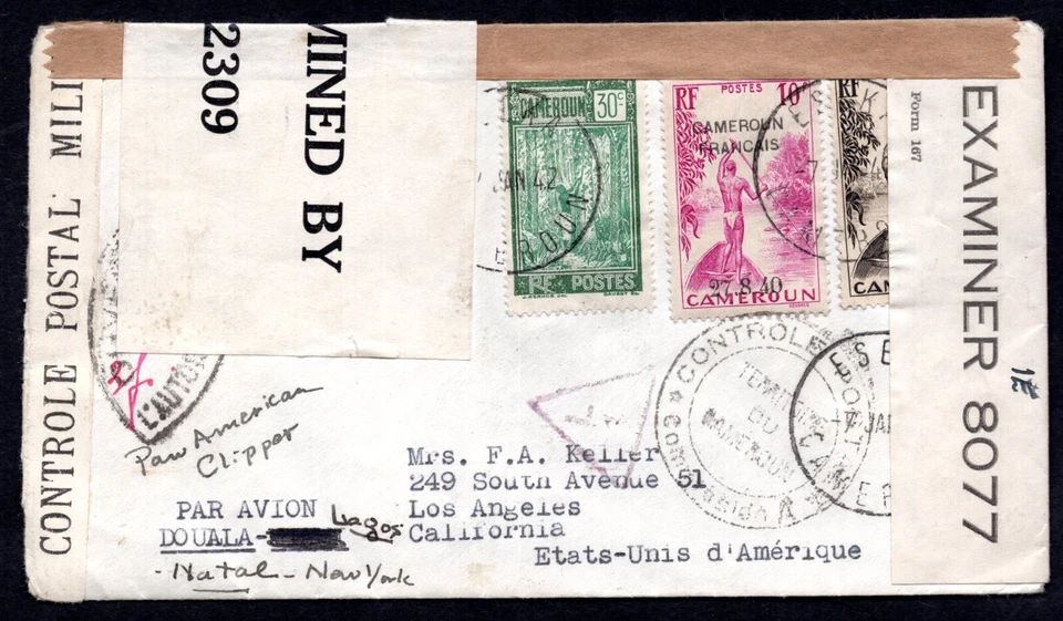 FRANCE CAMEROUN 1942 HEAVILY CENSORED WAR-TIME COVER BY FRANCE & US ON PAN AM - Image 1 of 2