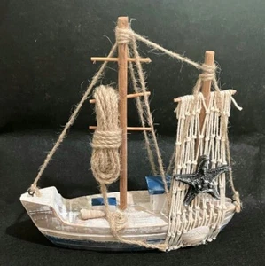 Marine Wooden Boat With Fishing Net, Starfish & Shell – Nautical Decor - Picture 1 of 9