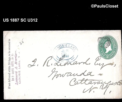 US 1887 SC U312 WASHINGTON 2¢ GREEN ON AMBER PAPER ENVELOPE USED PM CANOBIE F/VF - Image 1 of 2