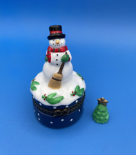 Avon Porcelain Snowman Trinket Box With Tree Charm 3” Very Sweet!