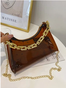 Nuovo! SHEIN PVC Borsa a tracolla catena oro trasparente, marrone - Foto 1 di 4