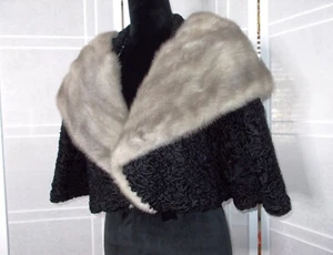 Vtg Black Persian Lamb Fur Short Jacket W/Gray Mink Fur Collar Furs by Sonya S/M - Picture 1 of 14