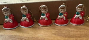 Vintage Miniature Christmas Angel in Hoods Girl Bell Ornaments LOT Of 5 Japan - Picture 1 of 4