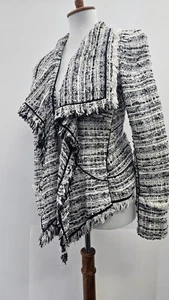 Donna Karan New York Tweed Jacket Shawl Black & White Fringe Made in Italy Sz. 4 - Picture 1 of 12