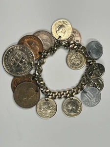 VTG 14 Coin Charm Bracelet South Africa ++  1960's era w/VTG Leather Snap Purse - Bild 1 von 14
