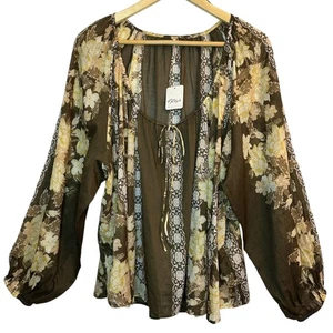 NEW Free People Elena Billowy Top Womens Sz. M Brown  Cottagecore Boho Oversized - Picture 1 of 14