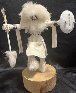 Vintage Navajo Kachina Buffalo Warrior White Leather Fur, Signed F Yazzie w/Tag - Picture 1 of 23