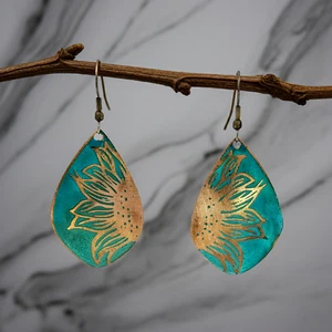 Copper Sunflower Earrings Urbanrose Handmade Verdigris Patina Teardrop - Picture 1 of 4
