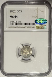 1862 3CS Three Cent Silver NGC MS64 CAC‼️😱LUSTROUS CAMEO APPEARANCE⭐️ - Picture 1 of 2