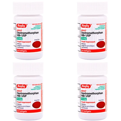 Rugby Dextrometorfano 15 mg - 20 cápsulas blandas | Gel para la tos Robitussin (5-2026) - Paquete de 4 Foto 1 de 4