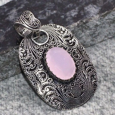 925 Silver Plated Vintage Pink Chalcedony Pendant Jewelry Size 1.6" GW - image 1 of 3
