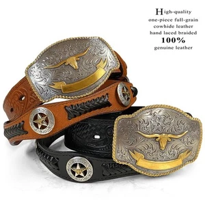 Western Longhorn Buckle Star Conchos Embossed Full Grain Leather Belt - Picture 1 of 16