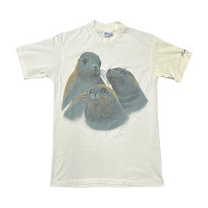 Maglietta Vintage Arlecchino Sigillo Tg M Bianca Florida Animal Nature Graphic Tee Anni 80 - Foto 1 di 8