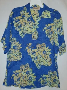 Santiki Hawaiian Mens Medium Floral Button Up Short Sleeve Blue Shirt - Picture 1 of 4