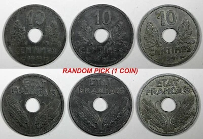 FRANCE Zinc 1941 10 Centimes WWII Issue XF+ KM# 898 RANDOM PICK (1 Coin) (938) - Image 1 of 3