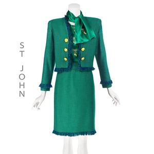 Chaqueta y falda de lana verde jade vintage de 4 piezas ST JOHN con blusa y bufanda de seda talla 6 - Imagen 1 de 13