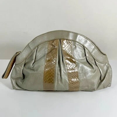 Vintage 1980s Ruth Saltz Silver Leather Clutch Snakeskin Accent Satin Lining Zip - Image 1 of 4