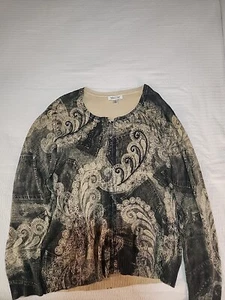 Coldwater Creek Womens Knit Sweater Zip Up XL Green Tan Floral Beaded - Picture 1 of 4